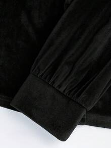 GlowEve 女士天鹅绒荷叶边领日常通勤时尚法式街头复古百搭假日商务浅蓝色长袖衬衫，秋冬款 - 黑色 - 查看 6