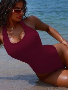 Swim SXY Áo tắm liền thân ôm sát, không tay, hở lưng, xoắn nhún, màu trơn, gợi cảm dành cho nữ, thích hợp mặc đi biển mùa hè. - Màu Đỏ Sâu - Xem 2