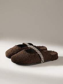 Solecia Women's Fashionable Versatile Rhinestone Decor Thermal Lined Flats - Brown - View 1