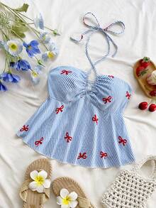 Soleia Women's Vacation Striped Bow Print Front Tie Halter Neck Camisole, Autumn/Winter Undershirt - Multicolor - View 4