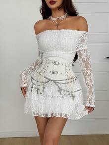 Coolane Women's White Floral Elegant Autumn Date Night Y2K Concert Rave Outfit Festival Renaissance Fair Club Party Contrast Lace Off The Shoulder Dress - White - View 3