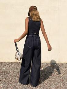 DAZY Women's V-Neck Sleeveless Loose Fit Long Straight Leg Jumpsuit Overalls, Casual City Style - Dark Wash - View 6