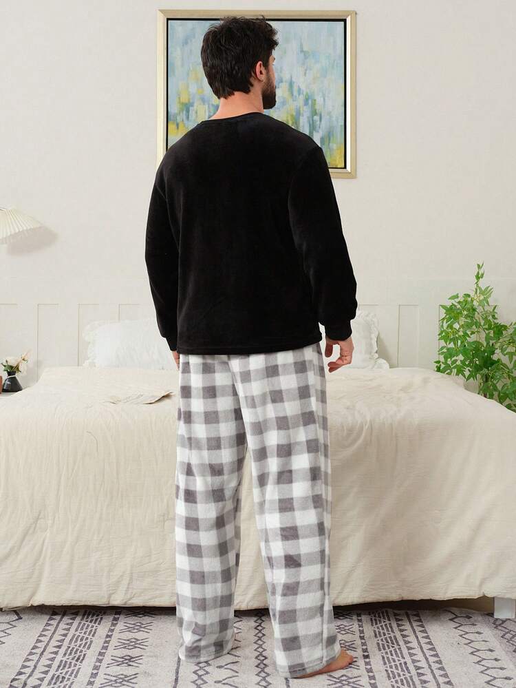 Men's Multi-Color Letter Embroidered Black Top And Plaid Pants Pajama Set, Autumn