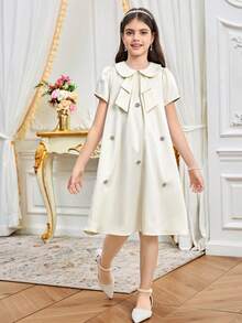 SHEIN Đầm ngắn tay cổ cao thanh lịch cho bé gái tuổi teen, đính đá và họa tiết hoa. - Màu be - Xem 4