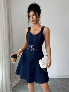 Elenzga Women's Casual Fashion Sleeveless Denim Dress With Waist Buckle Design - Dark Wash - View 4