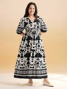 Momelise Đầm chữ A cổ chữ V thắt eo in họa tiết dành cho nữ cỡ lớn, đầm nghỉ dưỡng mùa xuân/hè. - màu đen - Xem 5