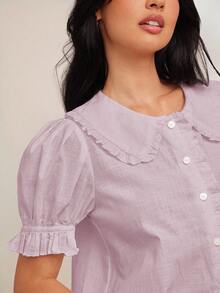 2026 Vestido bohemio mini de línea A con manga corta abullonada, cuello con volantes, abotonado, 100% algodón, para rodeo de Nashville, vacaciones, lindo atuendo para brunch - Púrpura malva - Ver 2