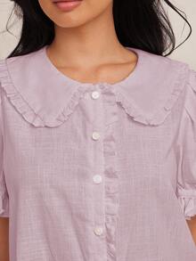 2026 Vestido bohemio mini de línea A con manga corta abullonada, cuello con volantes, abotonado, 100% algodón, para rodeo de Nashville, vacaciones, lindo atuendo para brunch - Púrpura malva - Ver 6