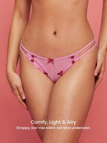 LUVLETTE Low-Rise Pink Rose Embroidered Elegance Lingerie Floral Lace & Demi-Sheer Mesh & Strappy Sexy Briefs Romantic Valentine's Day Gifts - Pink - View 7