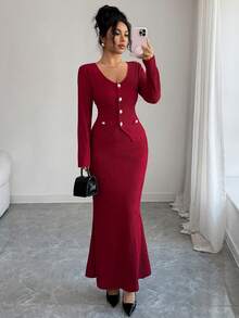 Elenzga 秋冬新款复古Y2K坏女孩波浪纹理套装，珍珠纽扣开衫V领T恤修身款+松紧腰鱼尾裙，两件套，独立日斯德哥尔摩风格棕色 - 酒紅色 - 查看 3