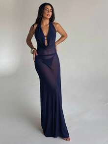 Aloruh Women's Vacation Dress, Solid Eggplant Purple, Plunging Draped Neck, Sexy Elegant Halter Backless Dress, Women's Coverup, Women's Beachwear - Navy Blue - View 8