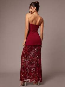 Silquee Vestido elegante con bustier de malla con parches florales y lentejuelas para mujer - Burdeos - Ver 2
