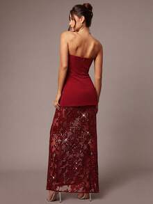 Silquee Vestido elegante con bustier de malla con parches florales y lentejuelas para mujer - Burdeos - Ver 7