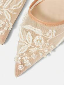 CUCCOO HITCHD 女士刺绣串珠尖头粗跟高跟鞋，优雅露跟高跟鞋，适合婚礼、情人节、下午茶等场合，时尚百搭 - 卡其色 - 查看 5