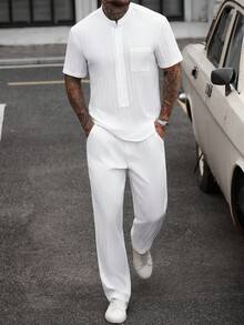 Manfinity CasualCool Bộ đồ nam gồm áo sơ mi ngắn tay có túi ngực và quần dài có túi chéo, bộ 2 mảnh dành cho nam, bộ đồ mùa hè nam, bộ quần áo trắng 2 mảnh dành cho nam, áo sơ mi ngắn tay và quần trắng dành cho nam. Thích hợp cho phong cách cổ điển, mặc hàng ngày, đi chơi cuối tuần, hoạt động ngoài trời, du lịch, môi trường làm việc thoải mái hoặc các dịp bán trang trọng, quà tặng cho bạn trai/chồng, quà kỷ niệm/sinh nhật, tiệc tùng, kỳ nghỉ hè, lễ hội, năm mới, đám cưới, ngày Valentine. - trắng - Xem 5