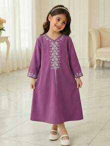 SHEIN Elegant Vintage Distinctive Dignified Young Girls' Kaftan Robe, Arabic Style Patterned Long Robe Suitable For Celebrations, Daily Wear, And Outings, Happy Holidays - Multicolor - View 1