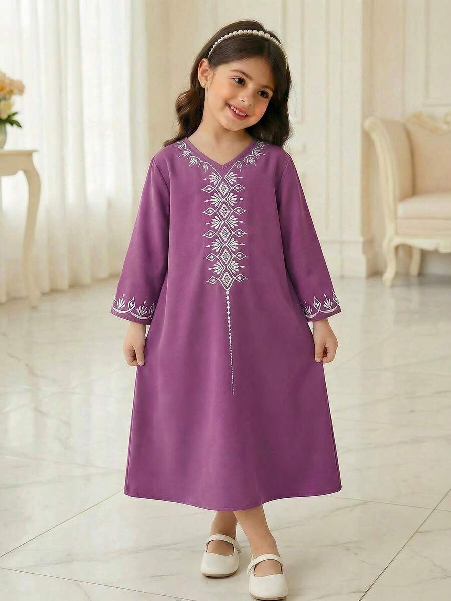 SHEIN Elegant Vintage Distinctive Dignified Young Girls' Kaftan Robe, Arabic Style Patterned Long Robe Suitable For Celebrations, Daily Wear, And Outings, Happy Holidays - Multicolor - View 1