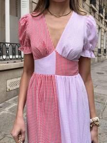 SHEIN PariChic 法式复古V领拼接泡泡袖连衣裙 – 红白撞色收腰中长裙，甜美性感又不失柔美时尚的风格，适合日常出行、度假和约会 – 娇小高挑身材皆宜 - 彩色 - 查看 4