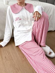 DAZY 2pcs Women Cartoon Cat Plaid Patchwork Peter Pan Collar Cardigan Long Sleeve Top And Loose Pants Pajama Set - White - View 4