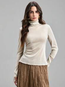 Ontre 女士亮面高领修身长袖袖口设计优雅衬衫，适合都市通勤、商务休闲、约会、婚礼宾客、度假等场合。 - 杏色 - 查看 4