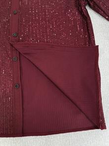 Manfinity AFTRDRK Áo sơ mi nam dài tay, màu trơn, đính sequin, cài một hàng khuy, thích hợp cho đêm tiệc ở Las Vegas. Áo sơ mi nam đính đá, áo sơ mi lấp lánh, áo sơ mi sequin đỏ cho nam. - Màu Đỏ Sâu - Xem 6