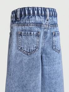 2026 Spring/Summer New Arrival Girls' Jeans, Cartoon Print Loose Straight Leg Relaxed Fit Distressed Denim Pants, Fashionable Light Blue Casual Streetwear For Outings, School, Commute, Parties, Home, Festivals - Light Wash - View 4