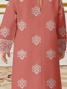 Soft Taro Pink, Traditional Elegant Dignified Golden Floral Print, Young Girls Casual Minimalist Traditional Arabic Dress Suitable For Spring/Summer Daily, Festivals, Outings, Elegant Dignified Long Sleeve Arabic Maxi Dress, Prayer Abaya, Easy Comfort, Casual Wear, Vacay Vibes, Modest Kaftan, Kids Jalabiya - White - View 6