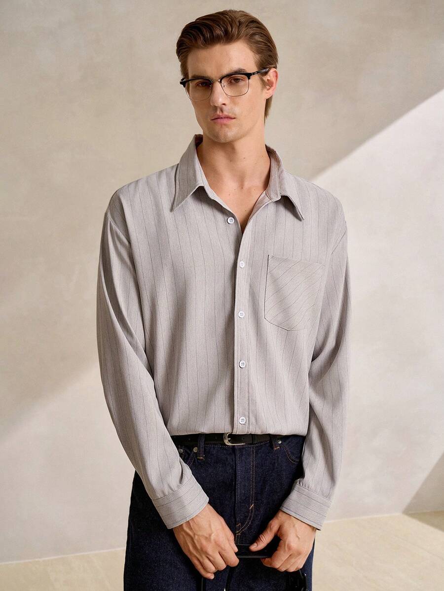 Manfinity CityGents Áo sơ mi nam dài tay phối sọc, có túi, kiểu dáng thường ngày, phù hợp cho đi làm, mùa xuân/thu. - Màu xám đen - Xem 1