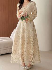 DAZY French Style Long Sleeve Dress, Women's Long Dress - Apricot - View 8