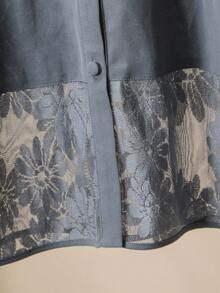 Lacomfia Bộ đồ nữ cỡ lớn gồm áo và quần ống rộng bằng vải lưới jacquard khoét lỗ, kiểu dáng thường ngày, 2 món. - Màu xanh bụi bặm - Xem 3