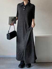 FRIFUL 女士纽扣前开襟休闲短袖连衣裙 - 灰色 - 查看 2