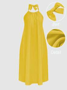 Rometta 大码夏季纯色挂脖露背黄色连衣裙 - 黃色 - 查看 1