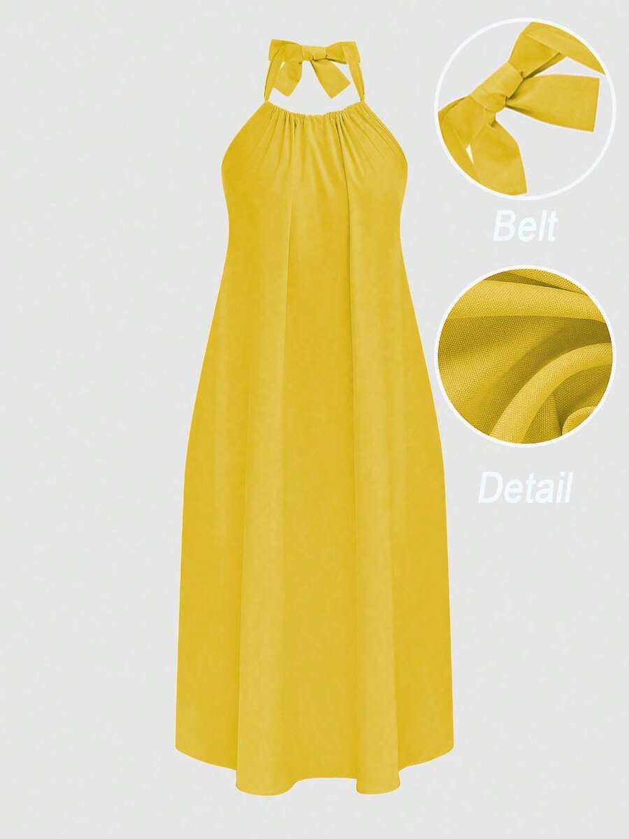 Rometta 大码夏季纯色挂脖露背黄色连衣裙 - 黃色 - 查看 1