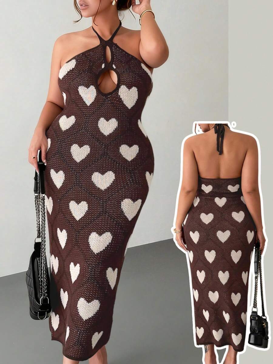 Roveilla Women's Casual Elegant Heart Pattern Sleeveless Hollow Out Backless Fitted Sweater Dress, Versatile For Daily Wear, Spring/Summer Sexy Curve Dress Knit Maxi Dress Hollow Out Dress Heart Dress Vacation Dresses Woman Curve Beach Dresses Curve Halter Neck Dress