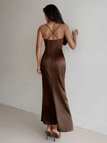 Aloruh Women's Elegant Lace Cup Detail Satin Waist Fitted Brown Dress, Suitable For Valentine's Day, Date, Birthday,Women Dating Dress,Women Night Out Dress,Summer Dresses For Women, Honeymoon Outfits Woman .Women Wedding Guest Dress. Island Vacation Outfits,Wedding Guest Dress Women ,Sun Dresses For Women ,Elegant Dresses For Party, Birthday Dresses For Women,Valentines Day Dress,Weddings & Events,Wedding Party Dress - Brown - View 3