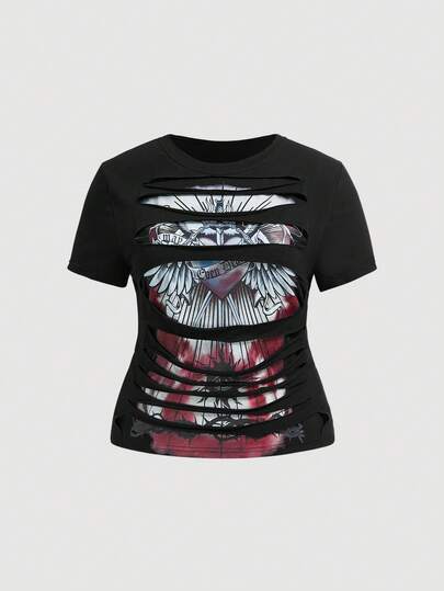 Grunge Punk Camiseta de manga corta negra de moda con cuello redondo y estampado gráfico para tallas grandes