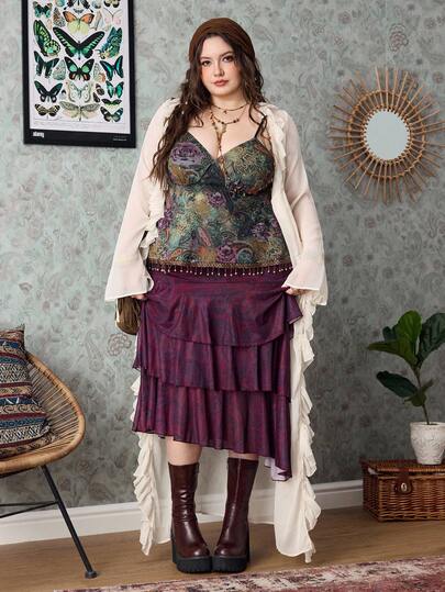 Canotta con stampa vintage a motivo paisley hippie, pendente e orlo con frange, canotta e top vintage di taglia grande