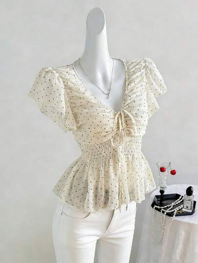 Elamini Blusa de gasa con lunares y volantes en la cintura con escote en V, nueva para primavera/verano. Estilo retro dulce y versátil, ajuste ceñido, adecuada para citas, té de la tarde, vacaciones ligeras
