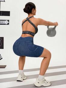 Flexra High Stretch Fitted Versatile Yoga Multi-Pocket High Waist Women Denim Shorts - Medium Wash - View 5