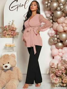 Loomaby Maternity Solid Color Mesh Patchwork Wrap Tie Front Long Sleeve Shirt, Suitable For Baby Shower - Pink - View 3