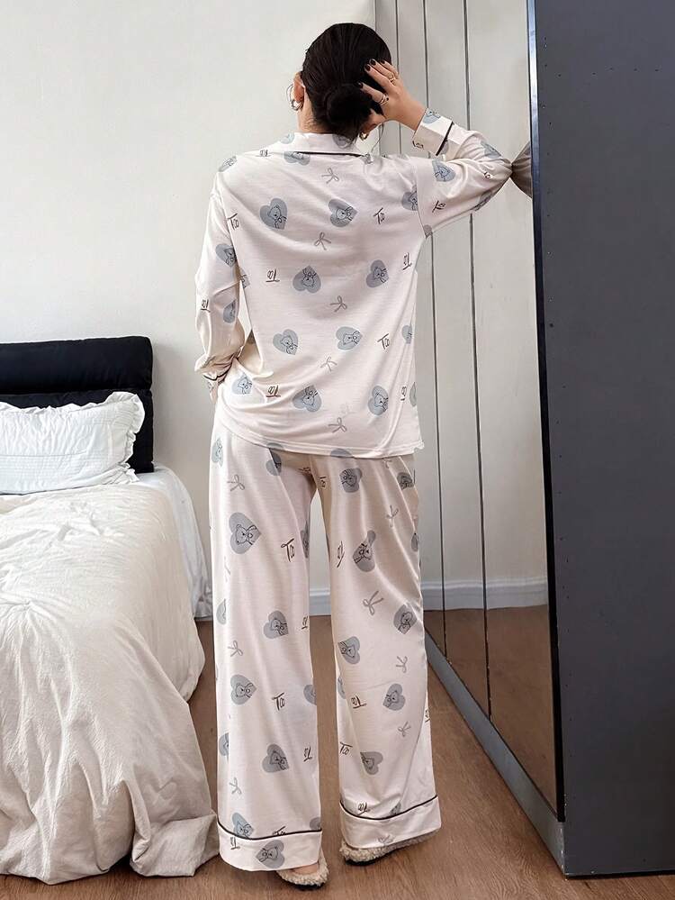 Heart & Bear Print Women Pajama Set