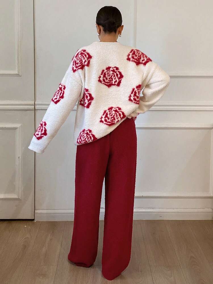 2pcs Women's Loose Rose Jacquard Knit Long Sleeve Pajama Set, Winter