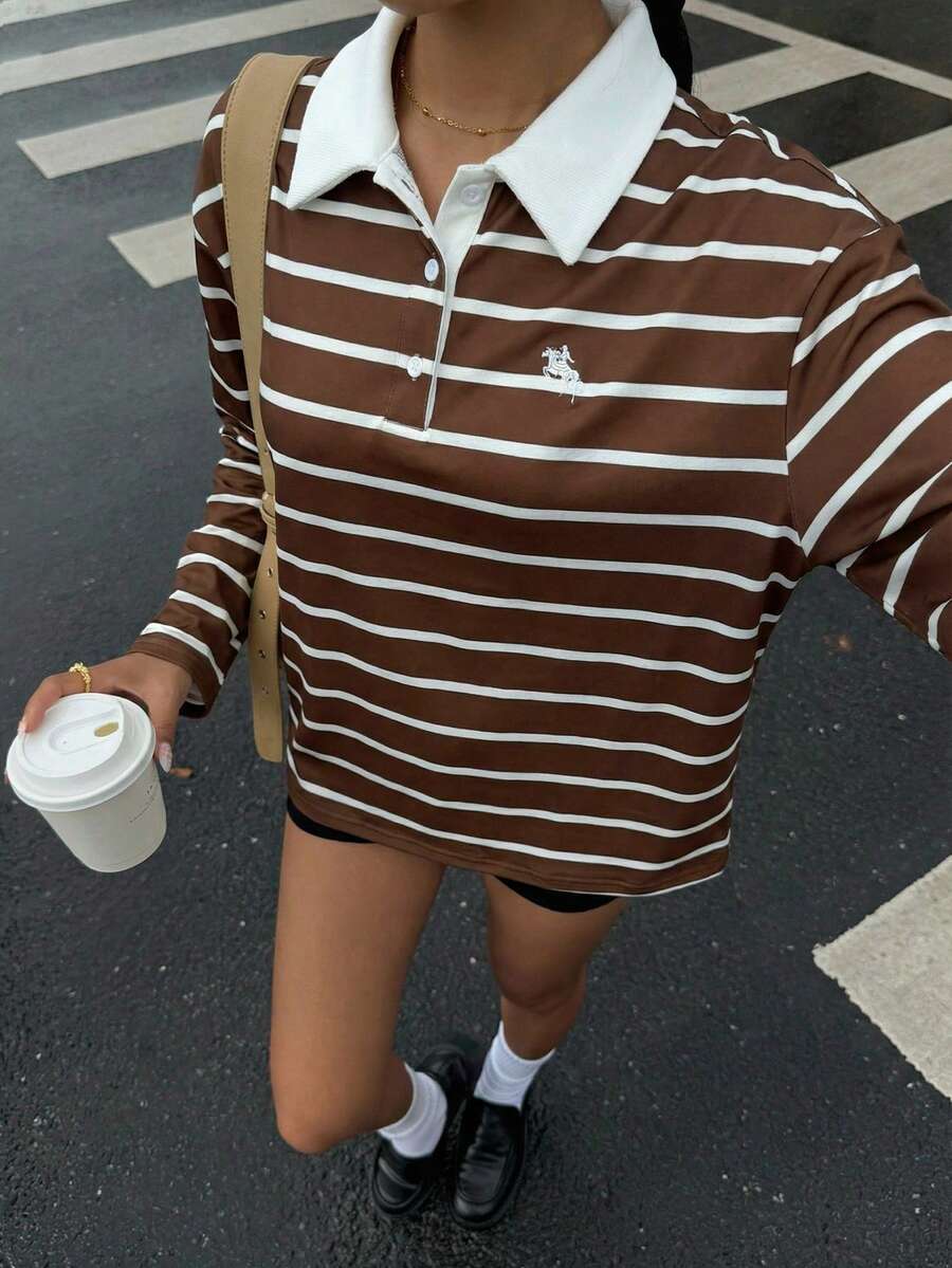 Muchica Stylish Women's Brown Striped Collar Regular Sleeve Regular Length T-Shirt In Knitted Fabric Preppy In Women Retro - Brown - View 1