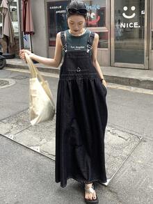 FRIFUL Women's Casual Long Denim Bib Overall Dress - Blue - View 7