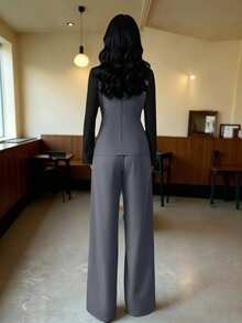 SHEIN Elenzya 女士秋冬季办公室商务休闲套装，金属装饰腰部修身不对称优雅通勤时尚套装 - 灰色 - 查看 2