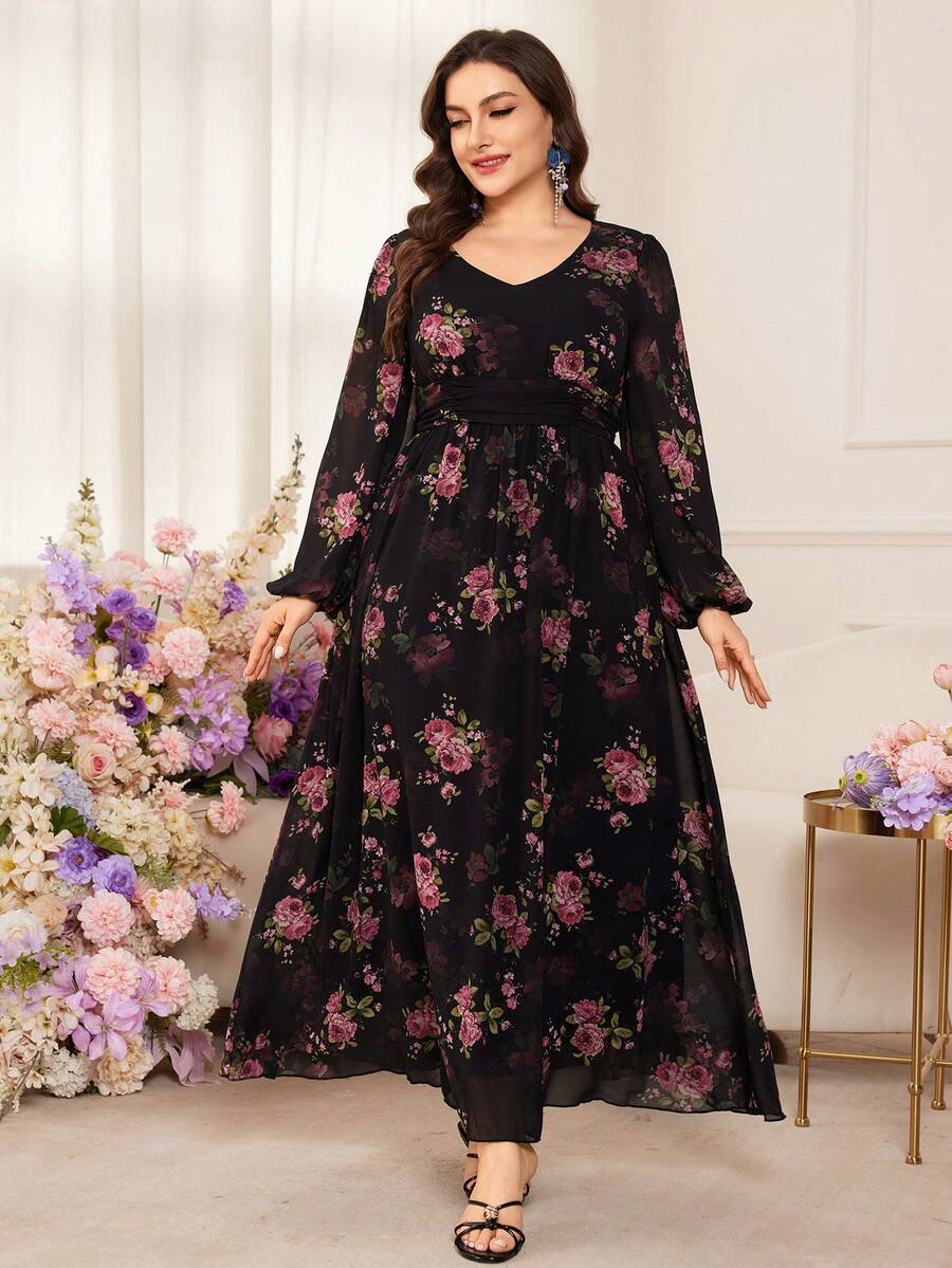 Modelyn Romantic Chiffon Floral Print Long Sleeve A-Line Maxi Dress, Plus Size, Spring/Summer - Multicolor - View 1
