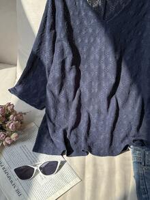 Lacomfia Plus Size 3/4 Sleeve Jacquard Knit Casual T-Shirt - Navy Blue - View 5