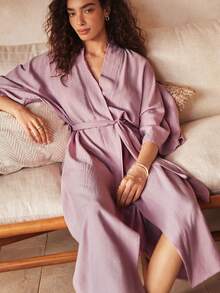 Lullawish 情人节波西米亚风宽松舒适亚麻长袍（女士款） - 藕粉色 - 查看 6