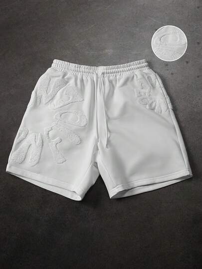 SLATEMANN Men's Casual Solid Color Letter Embroidery Shorts, Summer Men's White Shorts Men's Streetwear Shorts