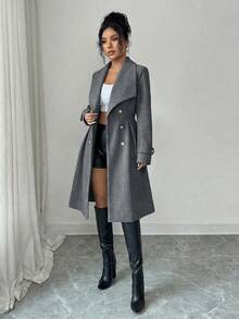 SHEIN Elenzya 女士双排扣翻领羊毛混纺优雅休闲通勤商务约会派对圣诞大衣，酒红色，秋冬款 - 灰色 - 查看 8